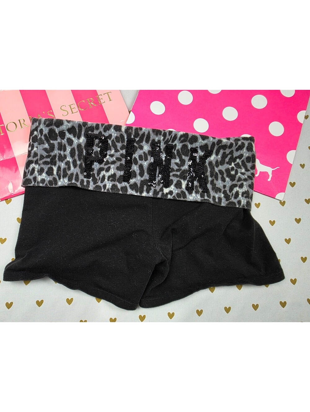 Victorias Secret PINK Bling Sequined Leopard Cheetah Foldover Yoga Shorts SM